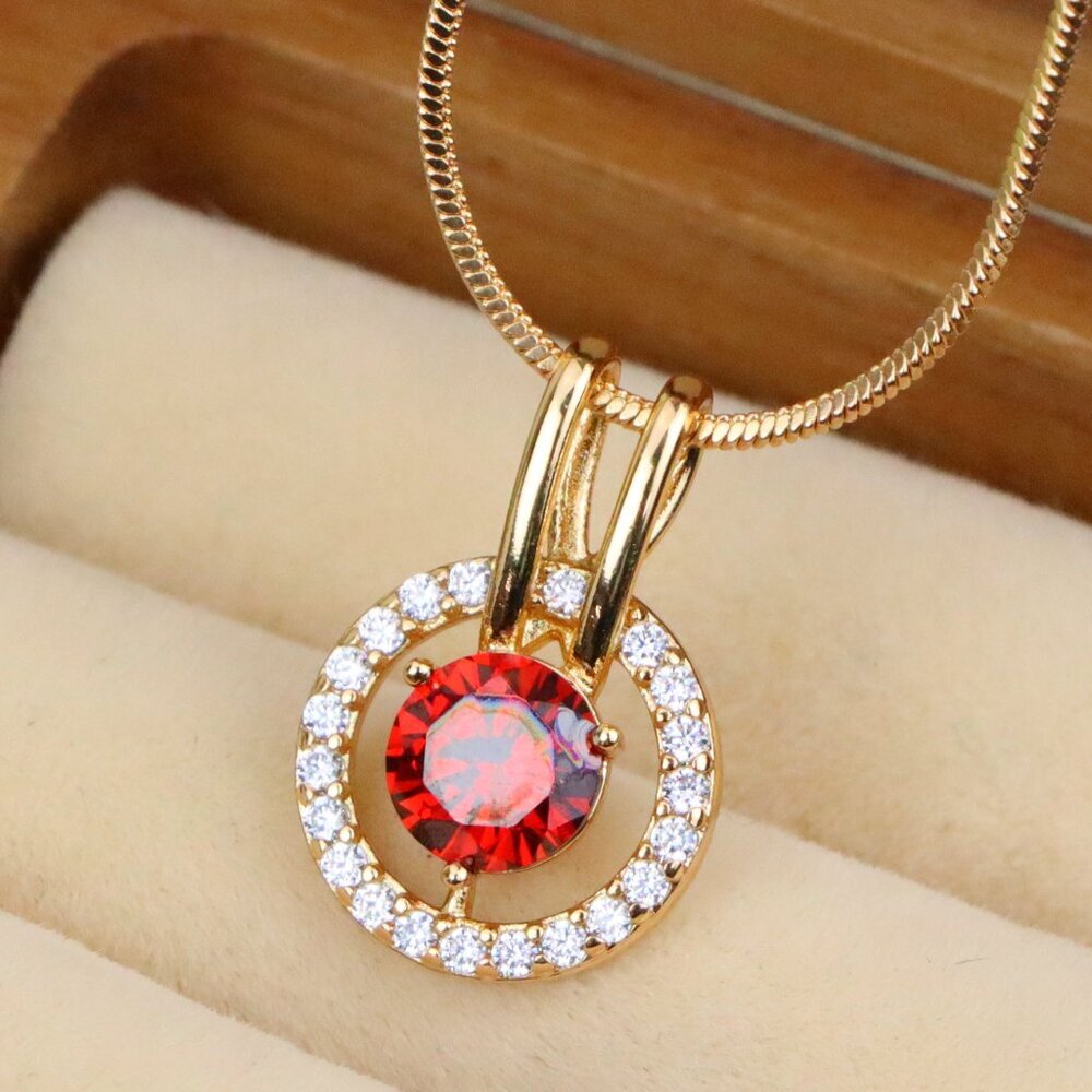 "Elegant Red Halo Pendant in Gold Plated Brass with Crystal Accent, XPPT1710